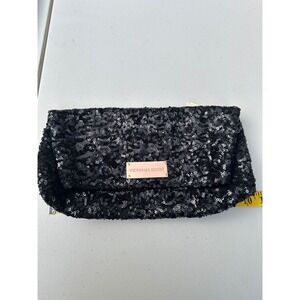 Victoria's Secret Black Sequin Foldover Clutch Bag Rose Gold Logo Evening Bag